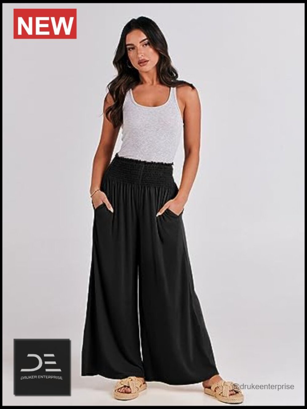 Wide Leg Palazzo Pants with Pockets, High Rise Smocked Waist, Summer Boho - Picture 6 of 7